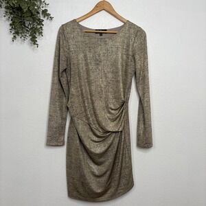 Lulus Metallic Ruched Bodycon Dress Gold Sparkle Long Sleeve XL
